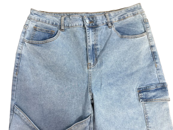 Light wash wide leg cargo jeans size 16 with lace-up leg details front view