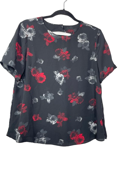Size Medium Suzy Shier black red and grey floral short sleeve blouse front view