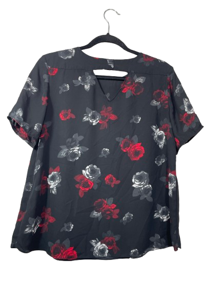 Size Medium Suzy Shier black floral blouse with geometric keyhole back