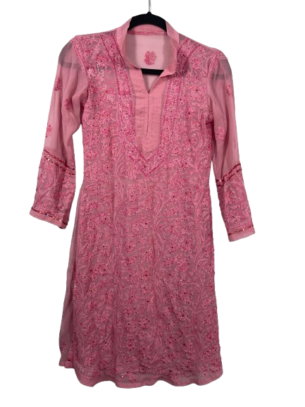 Size Small pink embroidered beaded sequin Indian style kurta tunic front view