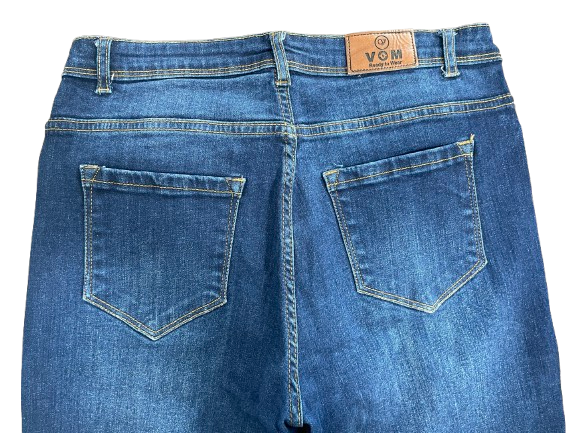 Size 28 VOM Ready To Wear dark wash jeans back pockets and brand label