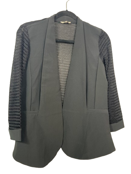 Size Medium AND black open front mixed media blazer with sheer knit sleeves front view