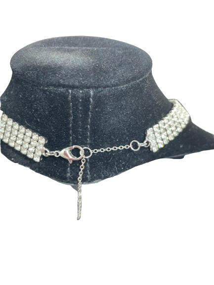 Multi row silver tone rhinestone choker necklace with adjustable extender chain