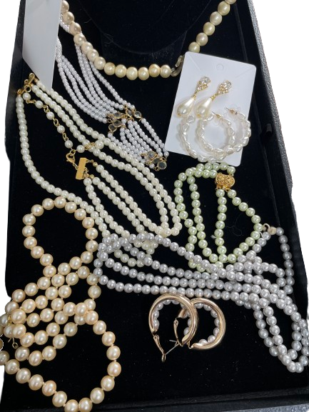 Assorted faux pearl necklaces bracelet and earrings in white ivory grey and pale green