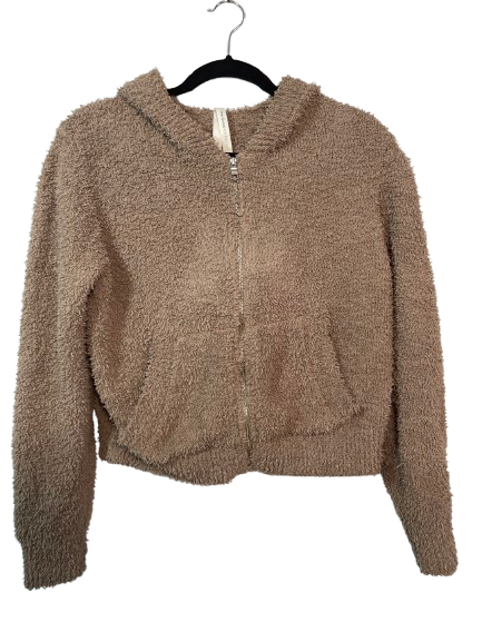 Size Medium The Group by Babaton taupe fuzzy cropped zip hoodie front view