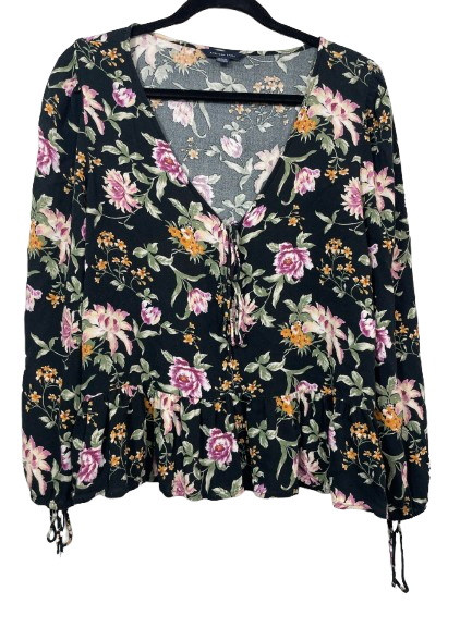 American Eagle women's size medium black floral deep V-neck tie-front blouse front view