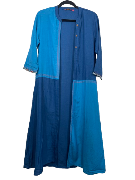 Morpankh women's size medium blue colour block longline open-front jacket front view