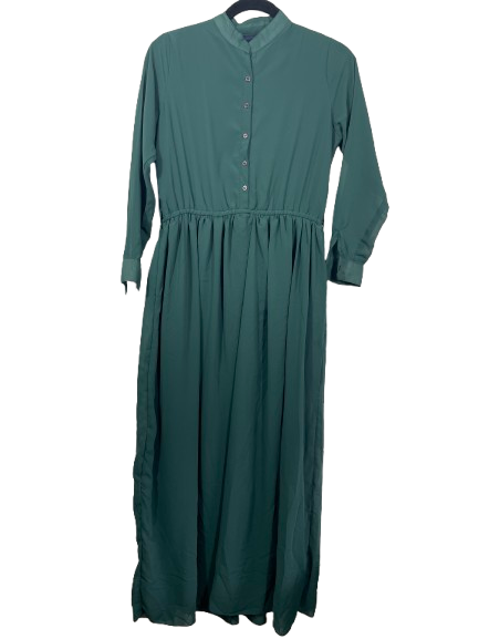 J&G women's size large green long sleeve button front maxi dress front view