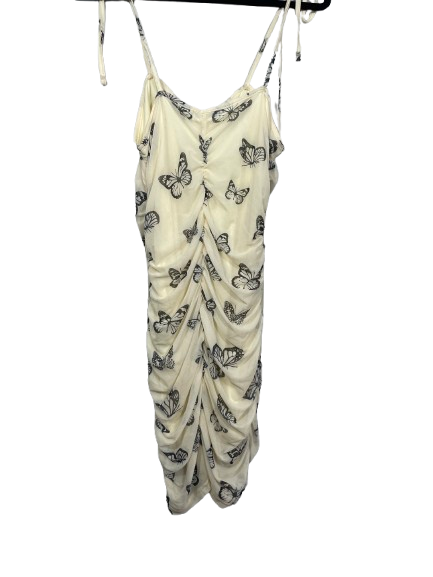 SHEIN BAE women's size medium cream butterfly print tie shoulder ruched bodycon dress back view
