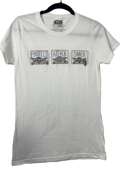 Star Wars women's size small Grogu Protect Attack Snack white graphic T-shirt front view