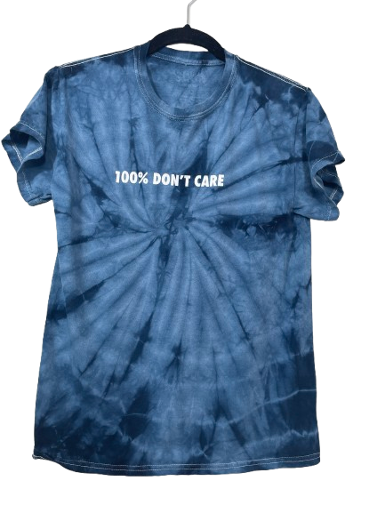 Spencer's size small blue navy tie-dye 100% Don't Care graphic T-shirt front view