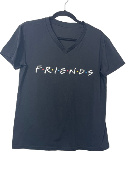 Women's size medium black Friends TV show logo V-neck short sleeve T-shirt front view