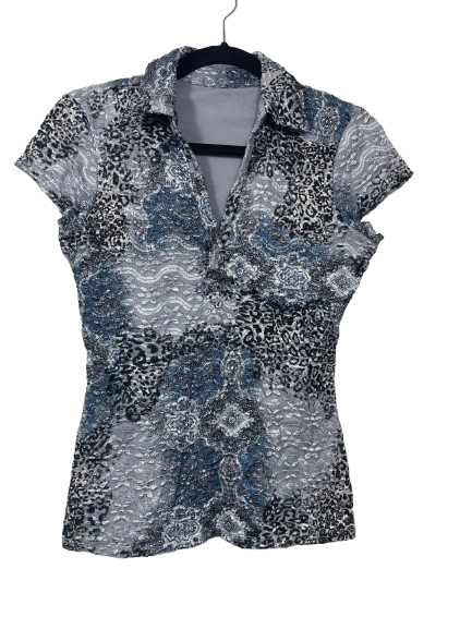 Unbranded women's size small grey black blue textured animal paisley print short sleeve blouse front view