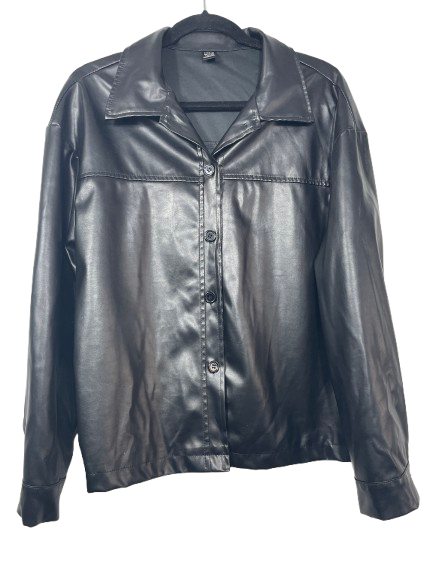 SHEIN women's size large black faux leather button front shirt jacket front view