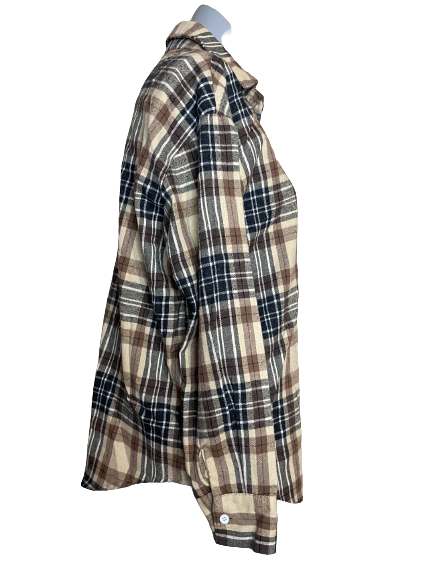 side view brown plaid flannel shirt