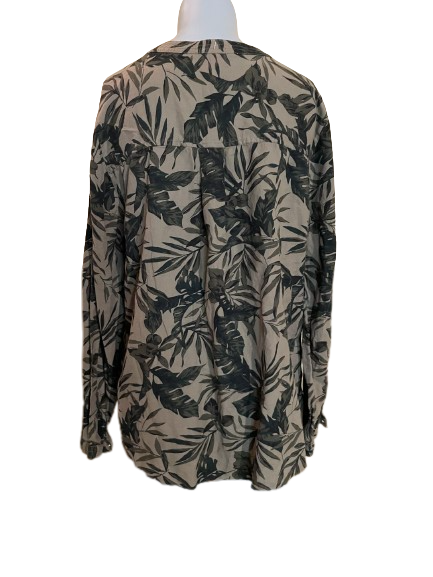 back view of green botanical print top