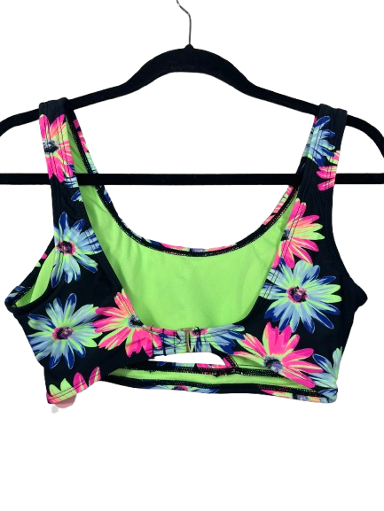 No Boundaries floral bikini top back with bright green lining and cutout detail