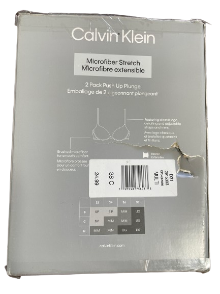 Calvin Klein Microfiber Stretch 2 Pack Push Up Plunge packaging box, size 38 C, showing product details and a size chart on a light gray background.