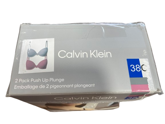 Calvin Klein 38C Push Up Plunge bra packaging box, showing a picture of a two-pack with one blue and one pink bra, on a white background.