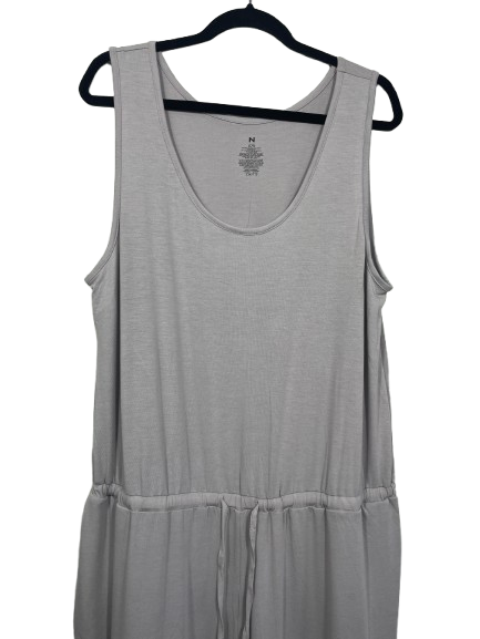 A light gray sleeveless scoop-neck dress hanging on a black hanger against a white background.
