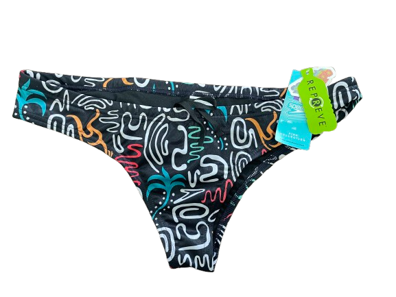 A pair of women's bikini bottoms with a black base and a colorful abstract pattern in white, orange, teal, and pink. A green and blue 'RELIEVE' brand tag is attached to the waistband, set against a plain white background.