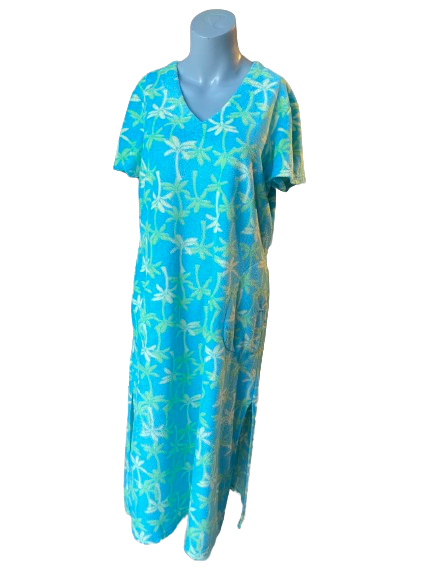 Terry cloth swim coverup baby blue with yellow palm trees