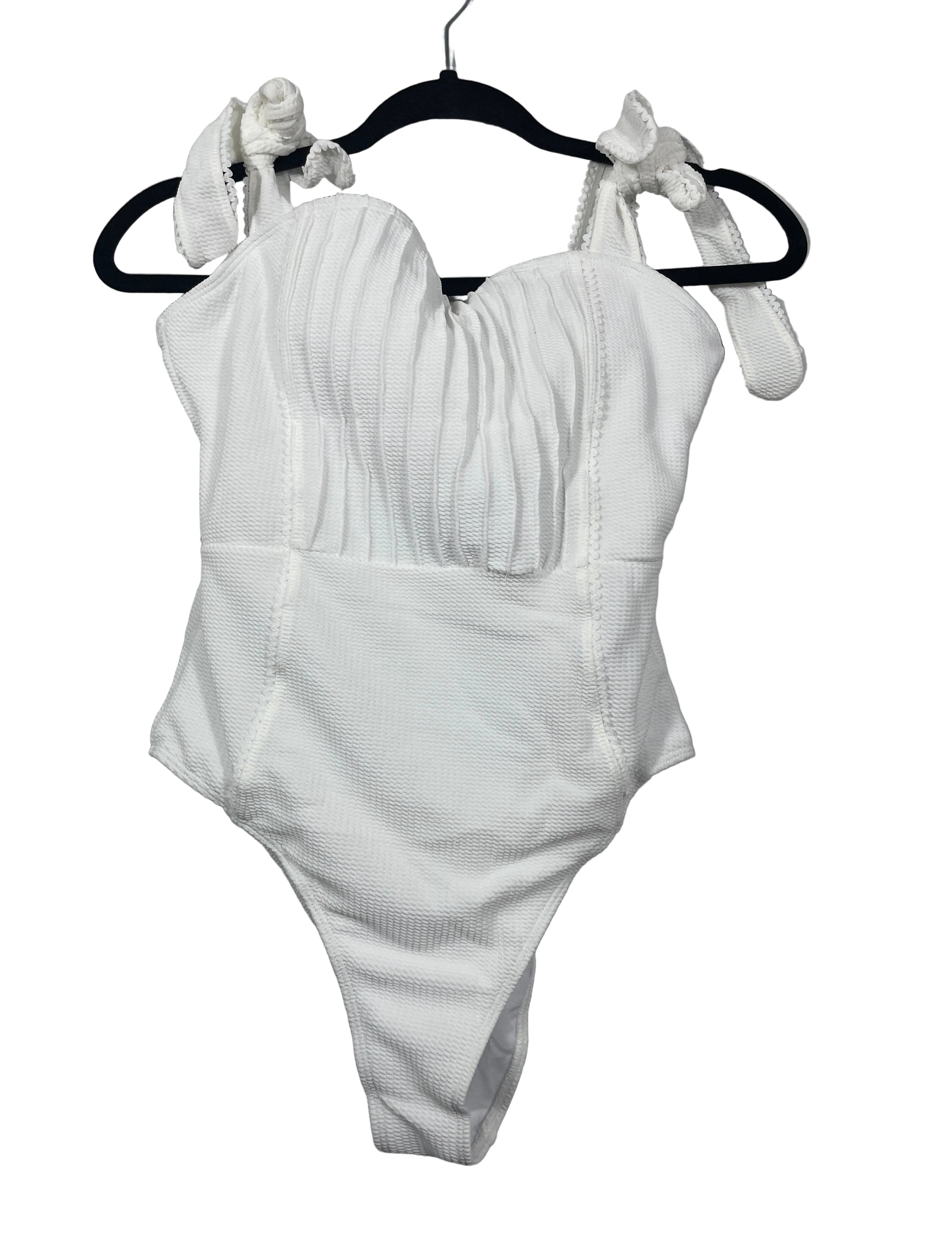 And The Why Medium off white textured tie shoulder one piece swimsuit front