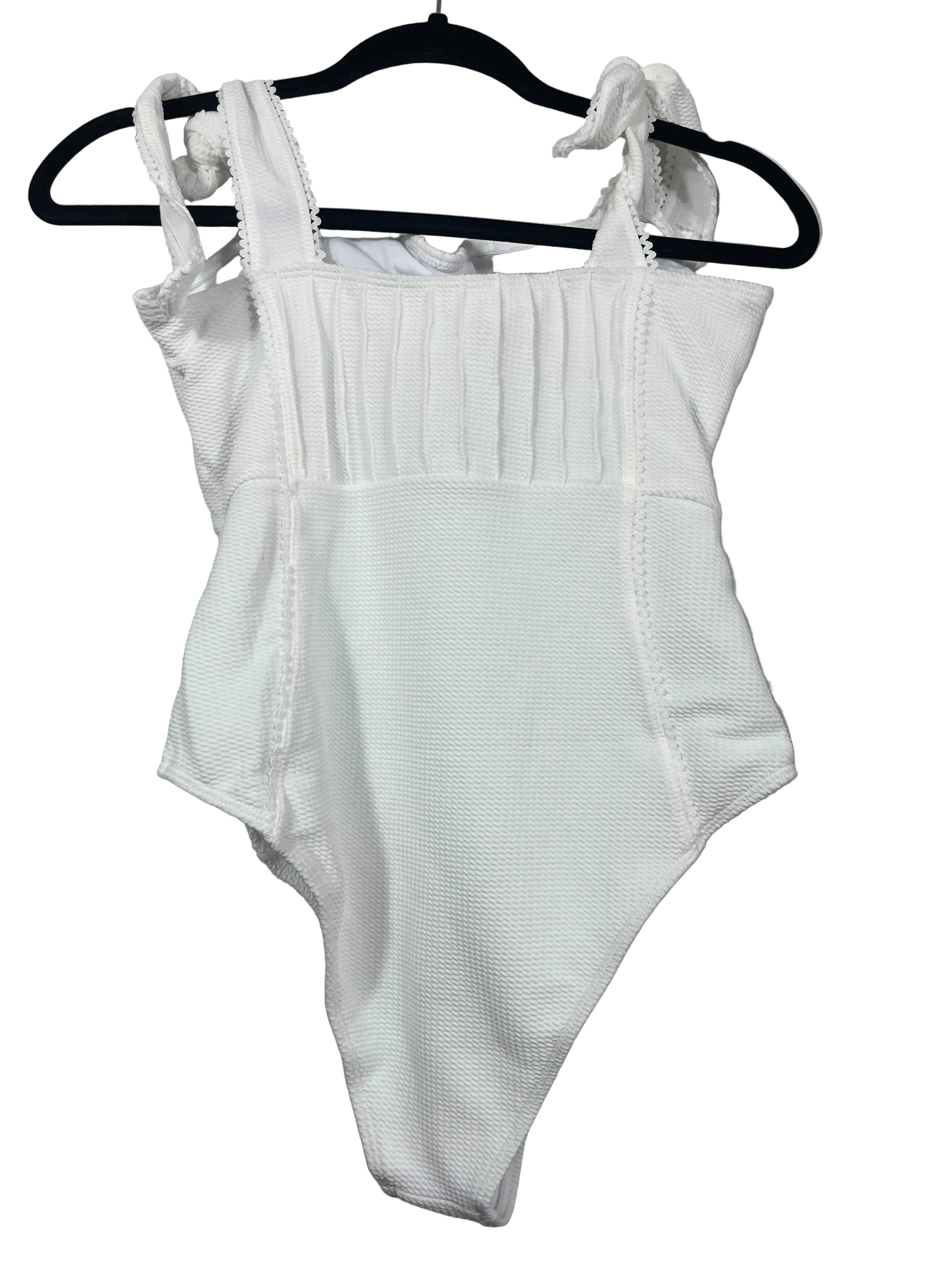 And The Why Medium off white textured tie shoulder one piece swimsuit back