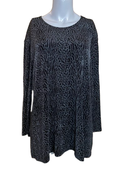 Grey and black animal print long sleeve top displayed on a mannequin.