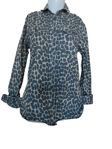 A small-sized Banana Republic army green leopard print shacket with a button front, button cuffs, and front pockets.