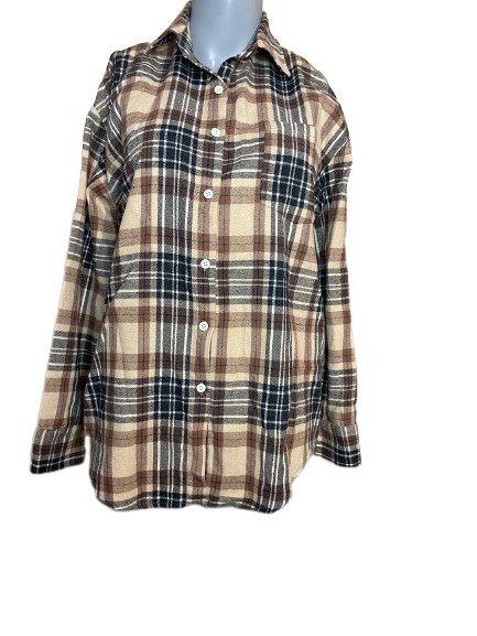 A brown plaid flannel button-down shirt with a collar and long sleeves.
