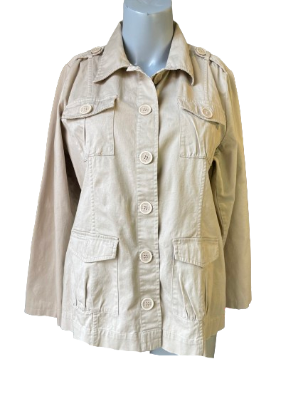 A beige utility jacket displayed on a mannequin, featuring multiple pockets and a collar.