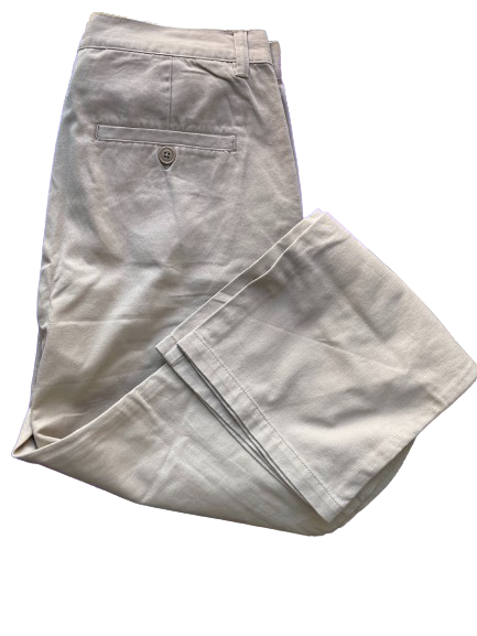 A pair of beige casual pants with a zipper fly and button closure, displayed on a flat surface.