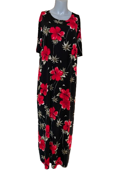 A black maxi dress with a floral pattern featuring red flowers, displayed on a mannequin.