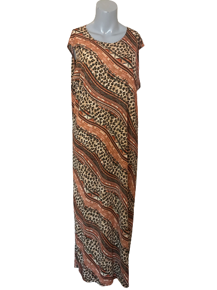 Sleeveless maxi dress with an animal print design, primarily in shades of brown and a-brown, with a V-neckline and 3/4 length sleeves.