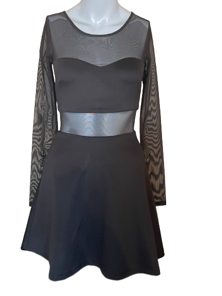 Forever 21 Black Sheer Cut Out Dress with a high slit, showcasing a patterned design.