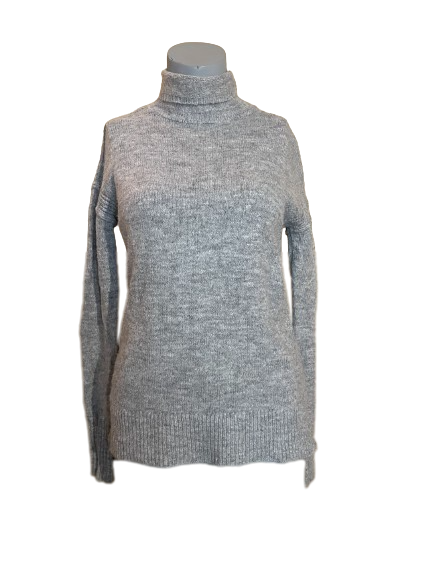 GAP Grey Turtleneck Sweater on a mannequin, showcasing the ribbed cuffs and waistline, and the turtleneck design.