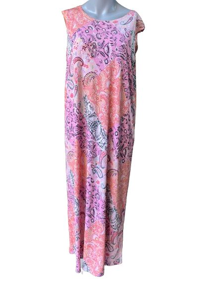 A sleeveless maxi dress with a floral print in pink, purple, orange, white, and black, displayed on a mannequin.
