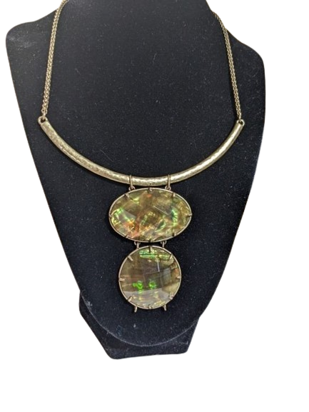 Gold Tone Iridescent Double Pendant Costume Statement Necklace