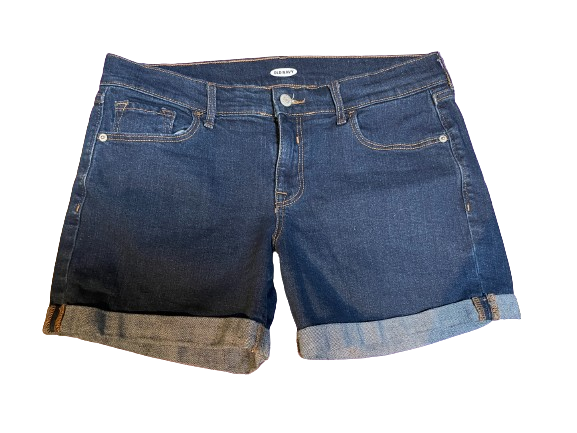 A pair of blue denim shorts with a zipper fly and button closure, featuring five pockets.