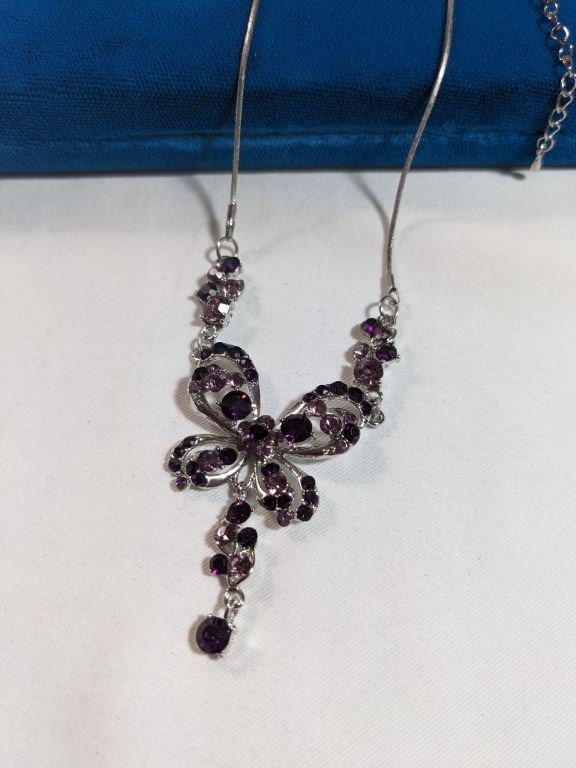 Purple and Pink Rhinestone Butterfly Silver Tone Pendant Necklace