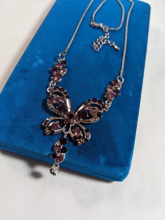 Purple Rhinestone Butterfly Costume Statement Necklace
