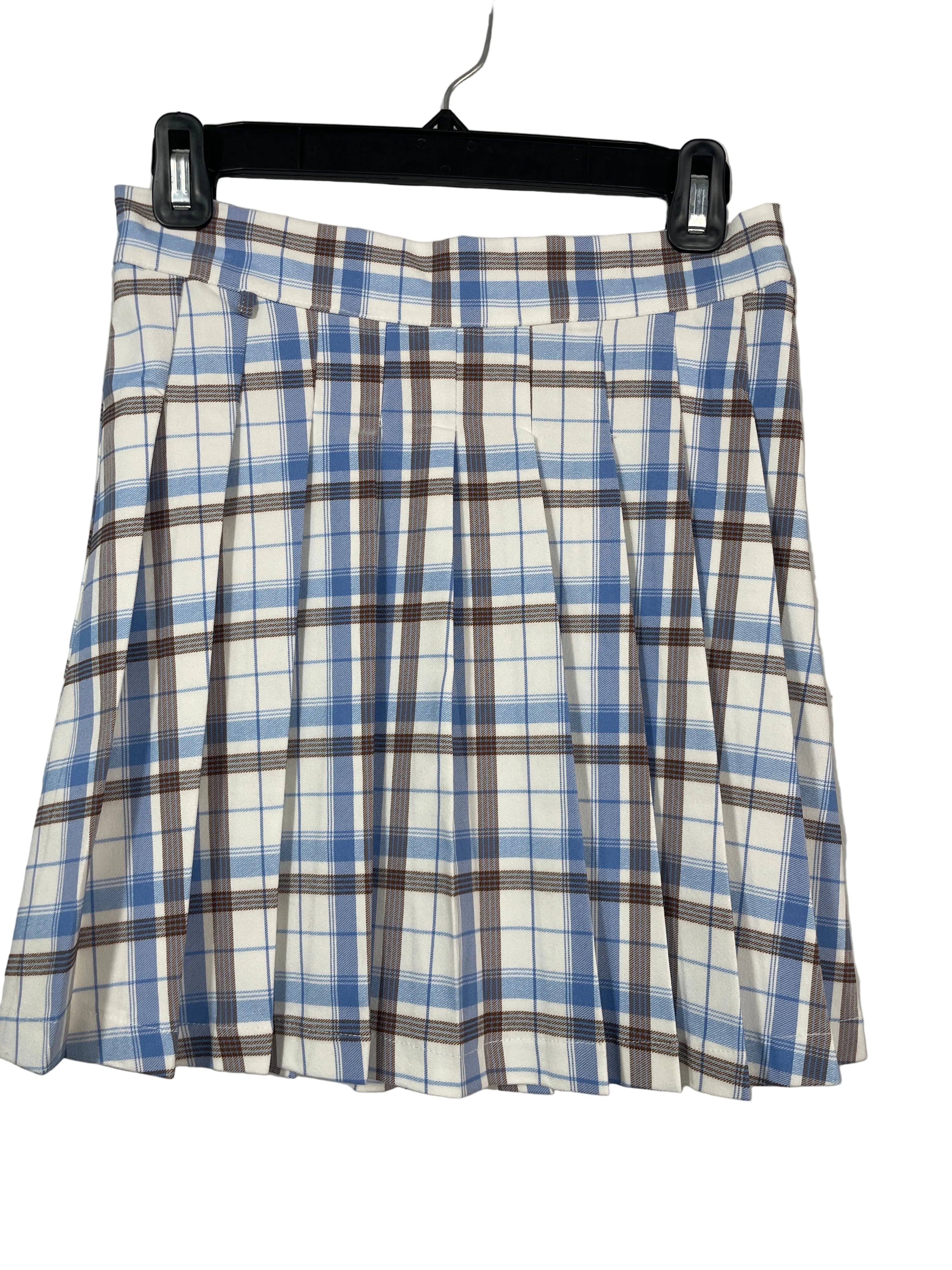 Forever 21 size S blue brown and white plaid pleated mini skirt front
