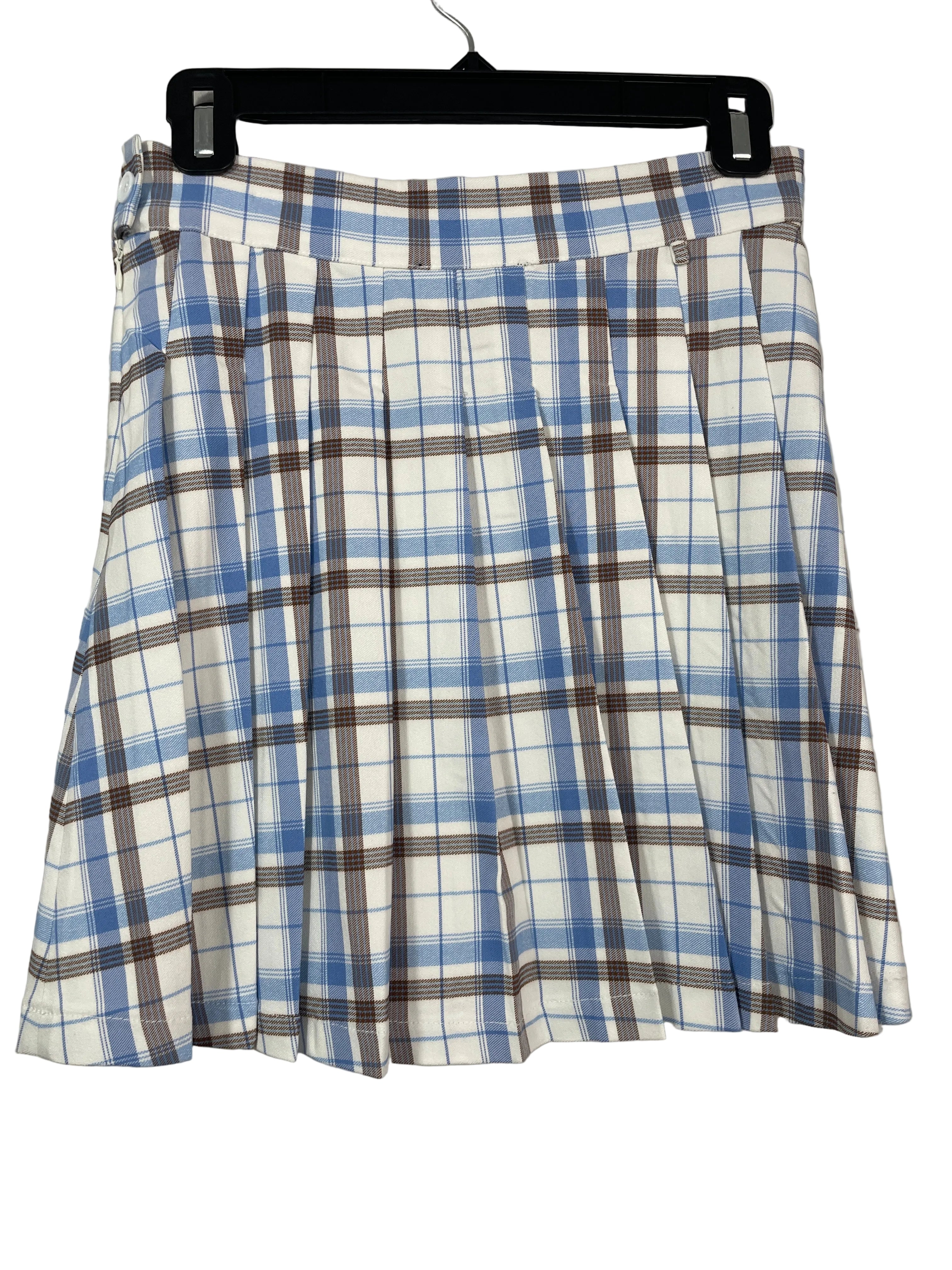 Forever 21 size S blue brown white plaid pleated mini skirt back