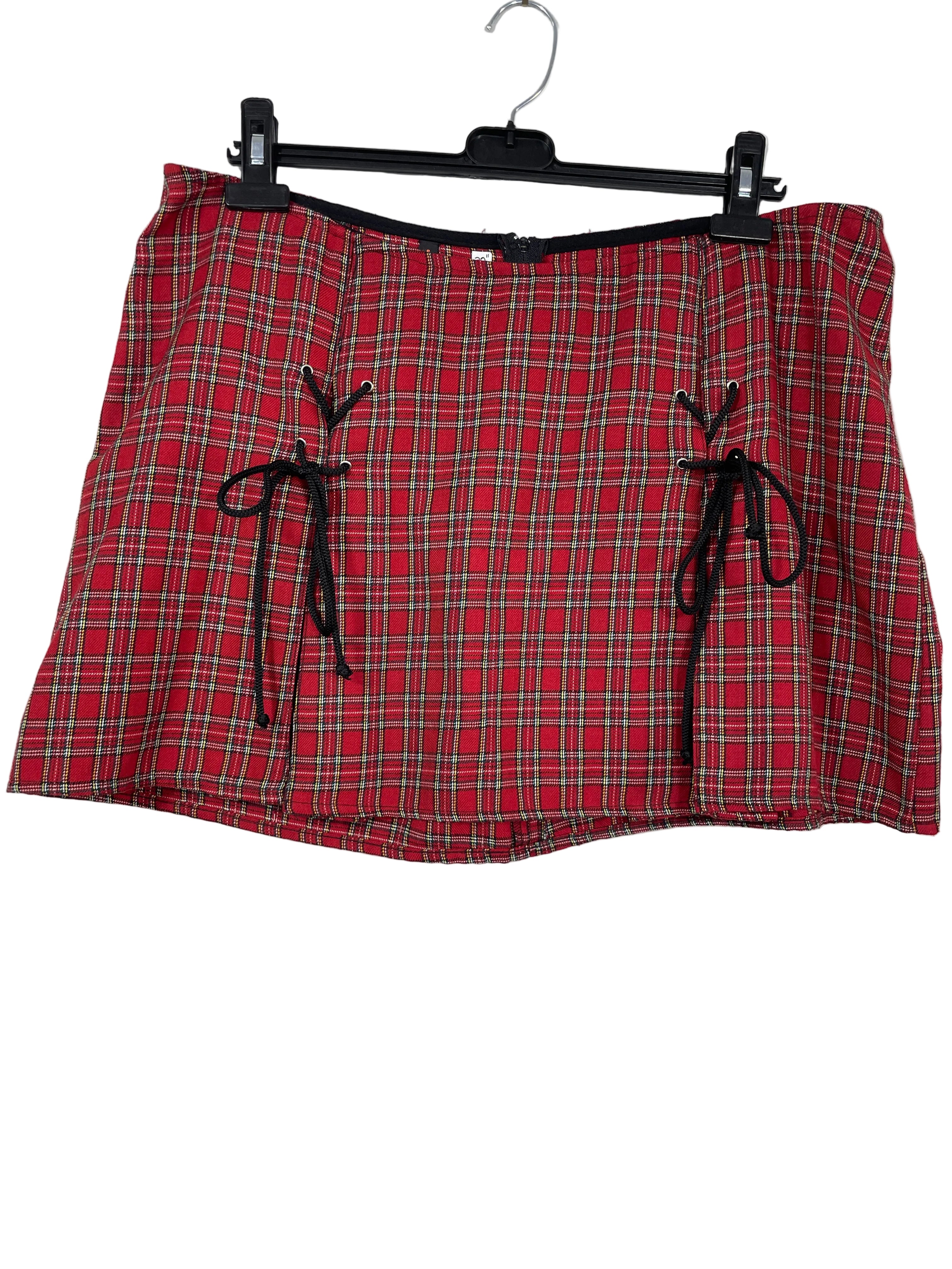One Life 2 Live 38 inch red tartan plaid lace-up mini skirt front
