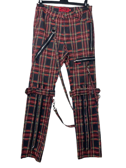 TRIPP NYC size 32 black red plaid bondage pants front
