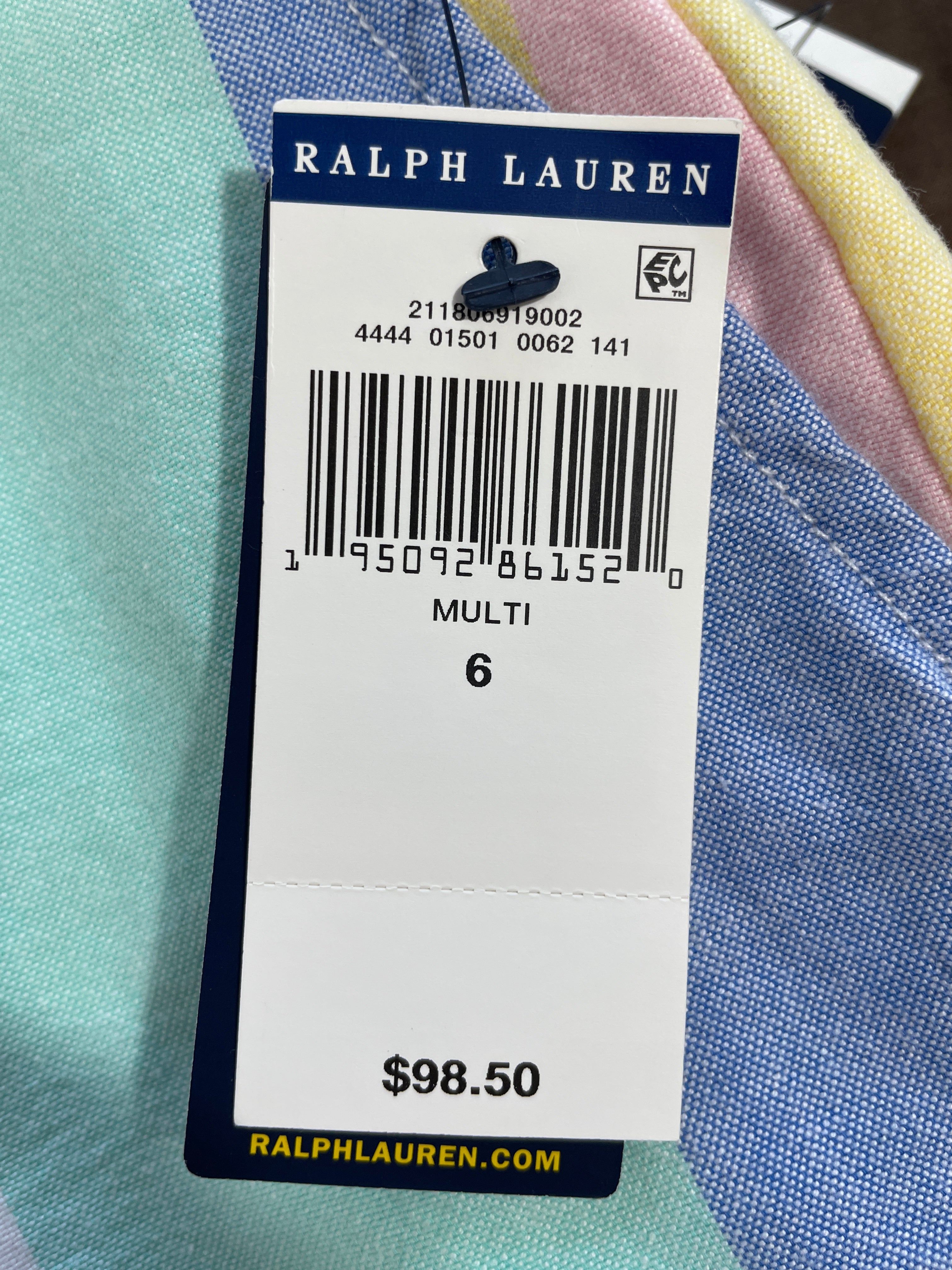 A Ralph Lauren clothing tag attached to a striped garment, showing the brand name, barcode, size 6, and price $98.50.