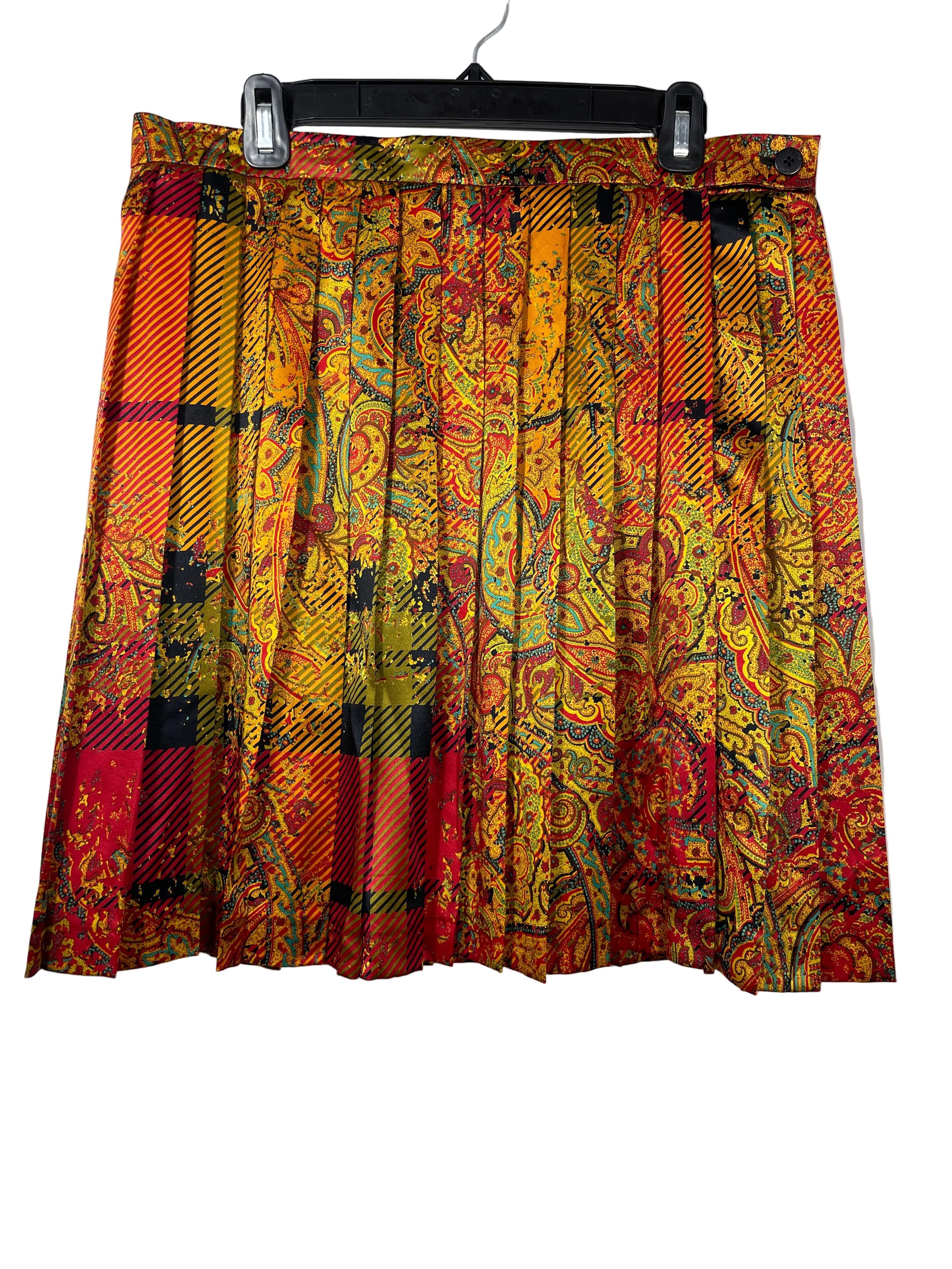 Size 10 Vintage Louis Féraud Silk Paisley Plaid Pleated Skirt Front View