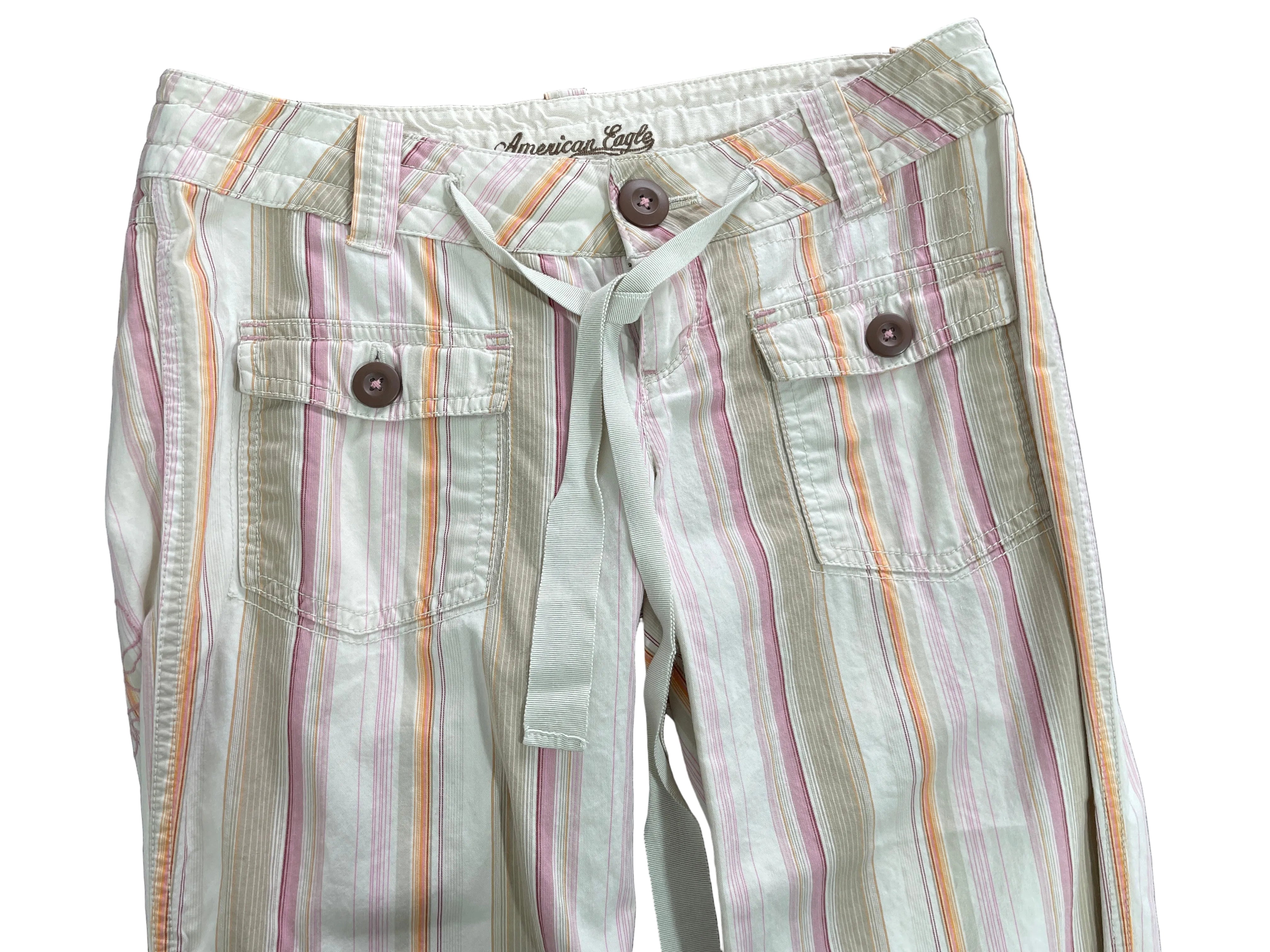 Size M Vintage American Eagle Pink Orange Striped Cargo Capri Pants Front