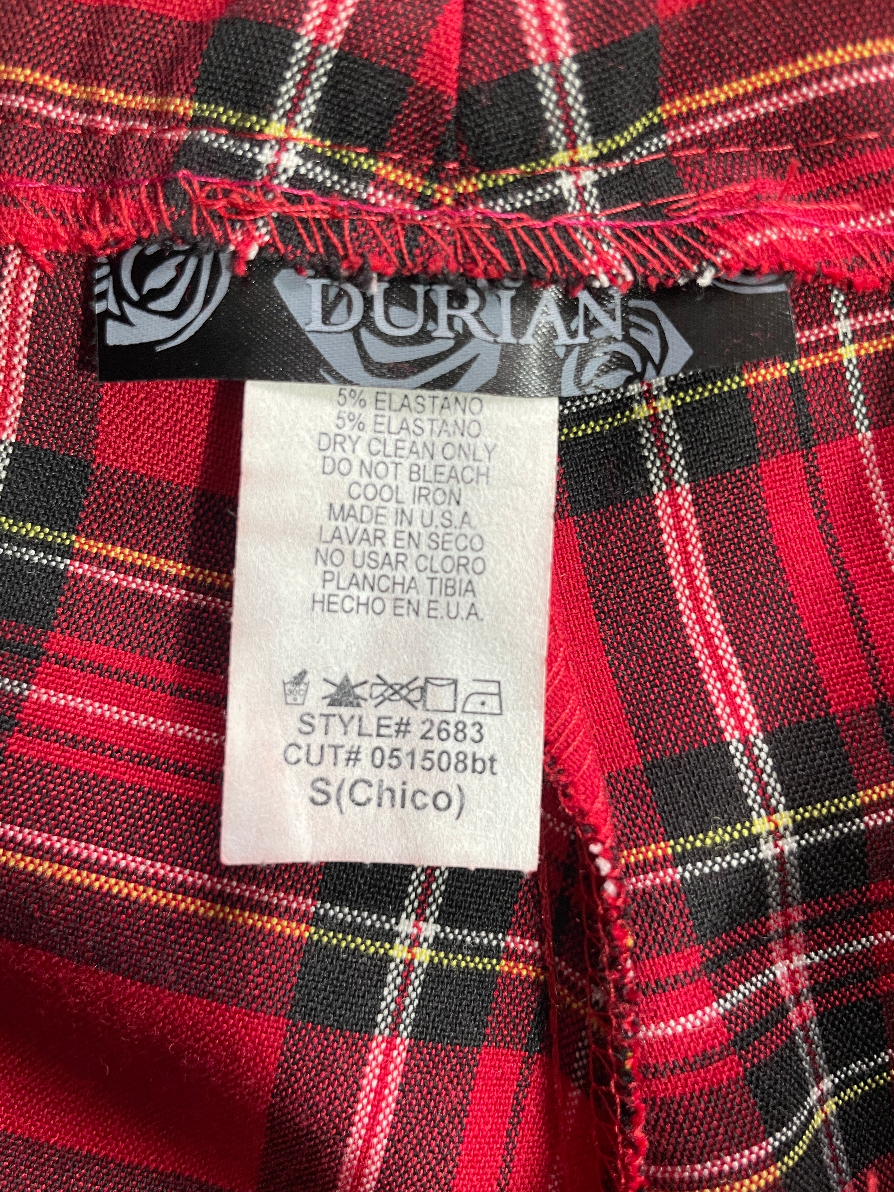 Durian plaid pants tag